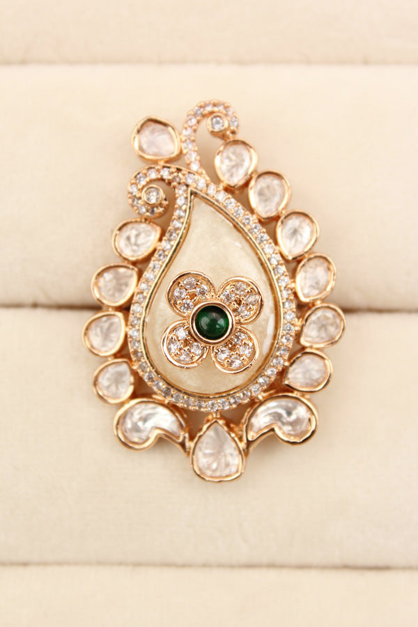 Kundan Teardrop Ring Framed With Small American Diamonds And Center Flower And Green Colour Stone Adjustable Ring (KR002-G)