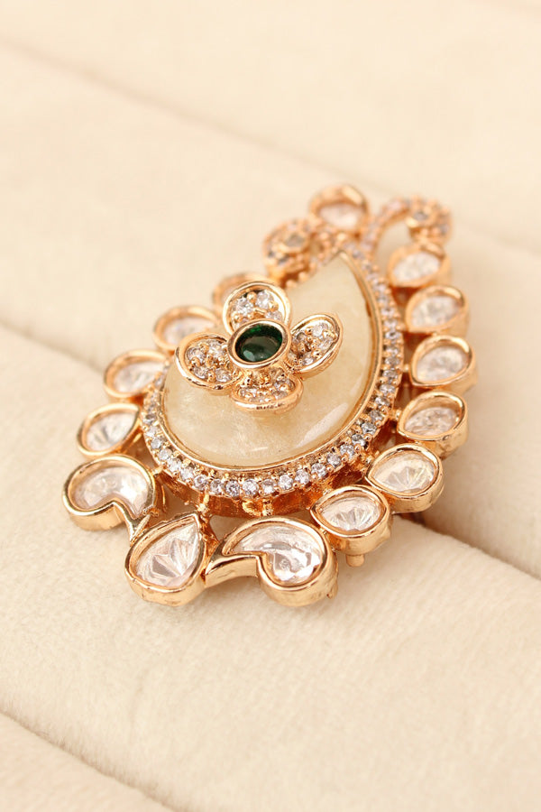 Kundan Teardrop Ring Framed With Small American Diamonds And Center Flower And Green Colour Stone Adjustable Ring (KR002-G)
