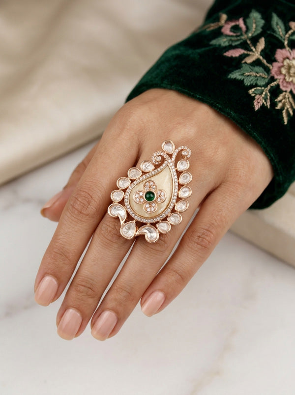 Kundan Teardrop Ring Framed With Small American Diamonds And Center Flower And Green Colour Stone Adjustable Ring (KR002-G)