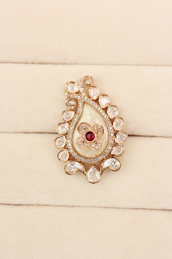 Kundan Teardrop Ring Framed With Small American Diamonds And Center Flower And Red Colour Stone Adjustable Ring (KR002-R)