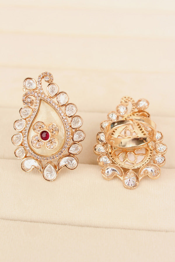 Kundan Teardrop Ring Framed With Small American Diamonds And Center Flower And Red Colour Stone Adjustable Ring (KR002-R)