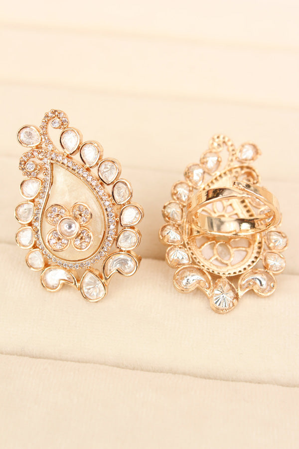 Kundan Teardrop Ring Framed With Small American Diamonds And Center Flower And White Colour Stone Adjustable Ring (KR002-W)