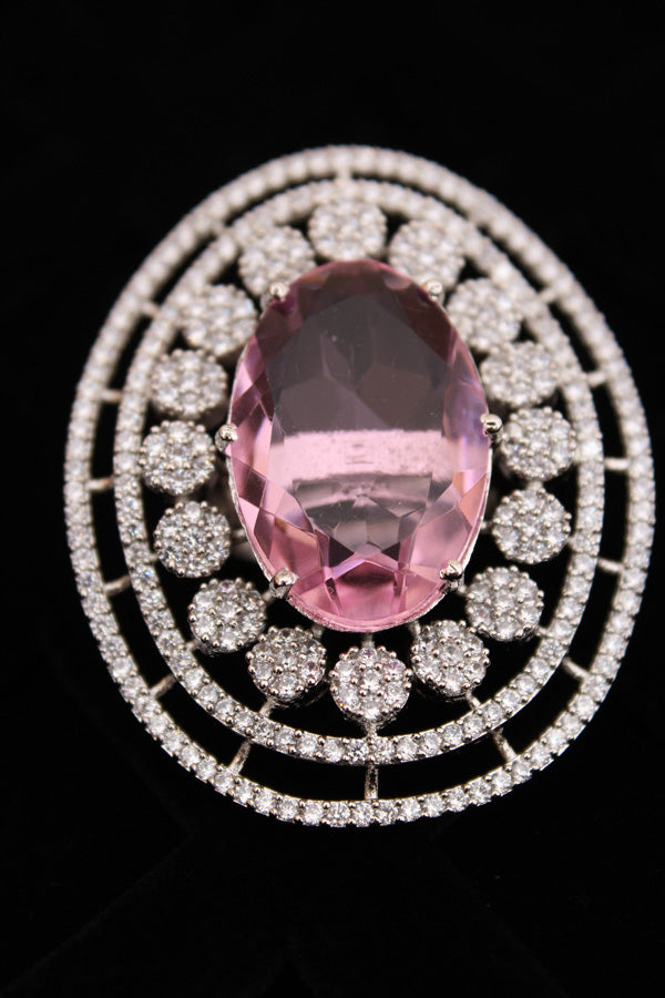 Large American Diamond Adjustable Ring With Center Pink Colour Stone (ADR001-P)