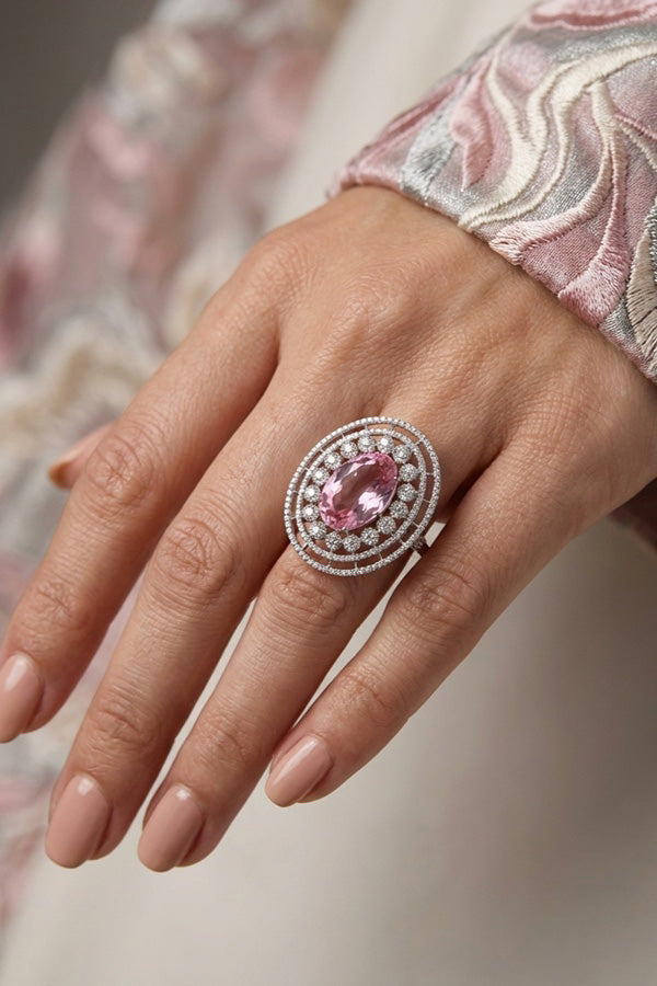 Large American Diamond Adjustable Ring With Center Pink Colour Stone (ADR001-P)