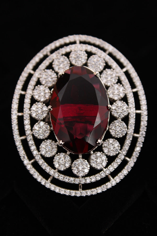 Large American Diamond Adjustable Ring With Center Ruby Colour Stone (ADR001-R)