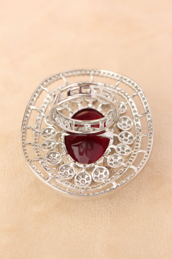 Large American Diamond Adjustable Ring With Center Ruby Colour Stone (ADR001-R)