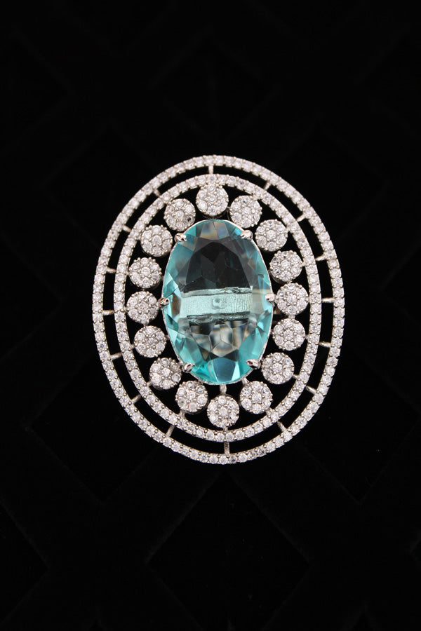 Large American Diamond Adjustable Ring With Center Sky Blue Colour Stone (ADR001-SB)