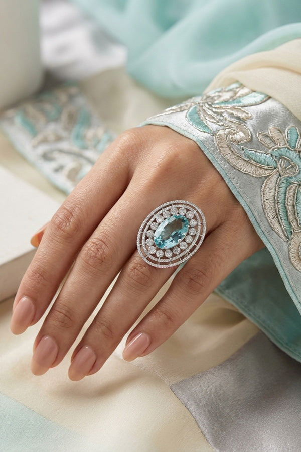Large American Diamond Adjustable Ring With Center Sky Blue Colour Stone (ADR001-SB)