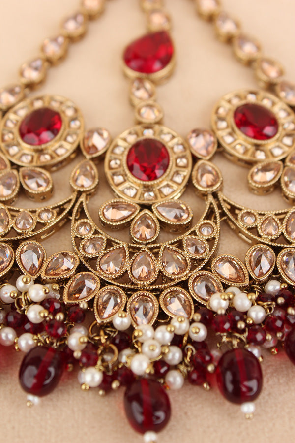 Large And Wide Premium Quality Passa With Polki Red And Gold Stones And Maroon Colour Pearls Attached (PAS016)