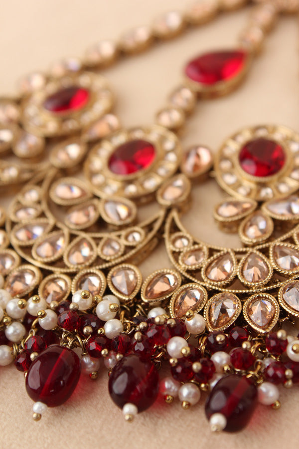 Large And Wide Premium Quality Passa With Polki Red And Gold Stones And Maroon Colour Pearls Attached (PAS016)