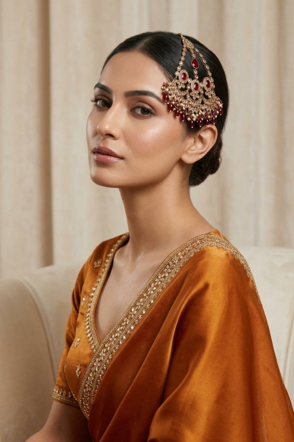 Large And Wide Premium Quality Passa With Polki Red And Gold Stones And Maroon Colour Pearls Attached (PAS016)