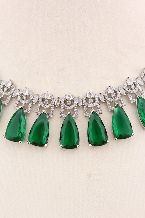 Necklace Set in American Diamonds With Center Pendant And Yellow Colour Stones (NS002-AD-Y)