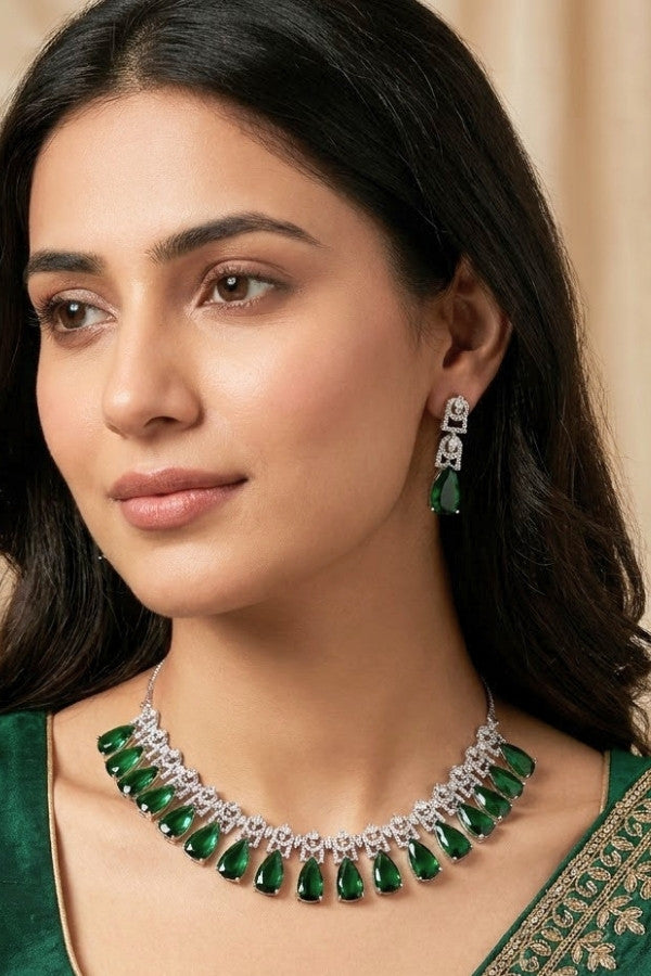 Necklace Set in American Diamonds With Center Pendant And Yellow Colour Stones (NS002-AD-Y)