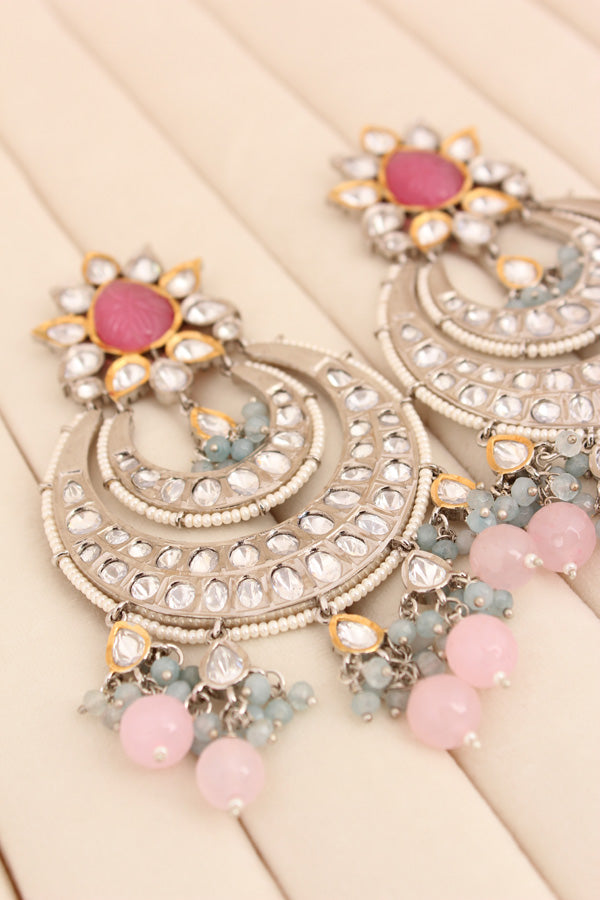 Large Heavy Kundan Earrings In Silver Polish And Pink Pearls (EK004P-Kundan)