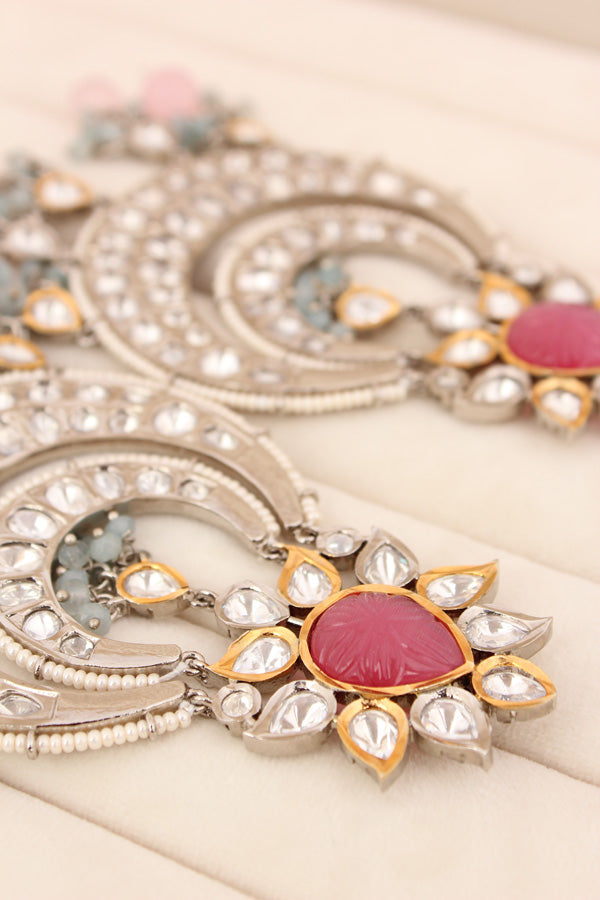 Large Heavy Kundan Earrings In Silver Polish And Pink Pearls (EK004P-Kundan)