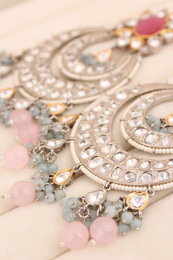 Large Heavy Kundan Earrings In Silver Polish And Pink Pearls (EK004P-Kundan)