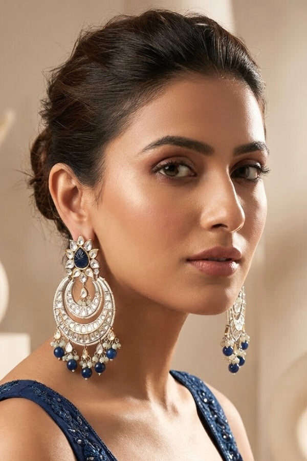 Large Heavy Kundan Earrings In Silver Polish And Blue Pearls (EK004B-Kundan)