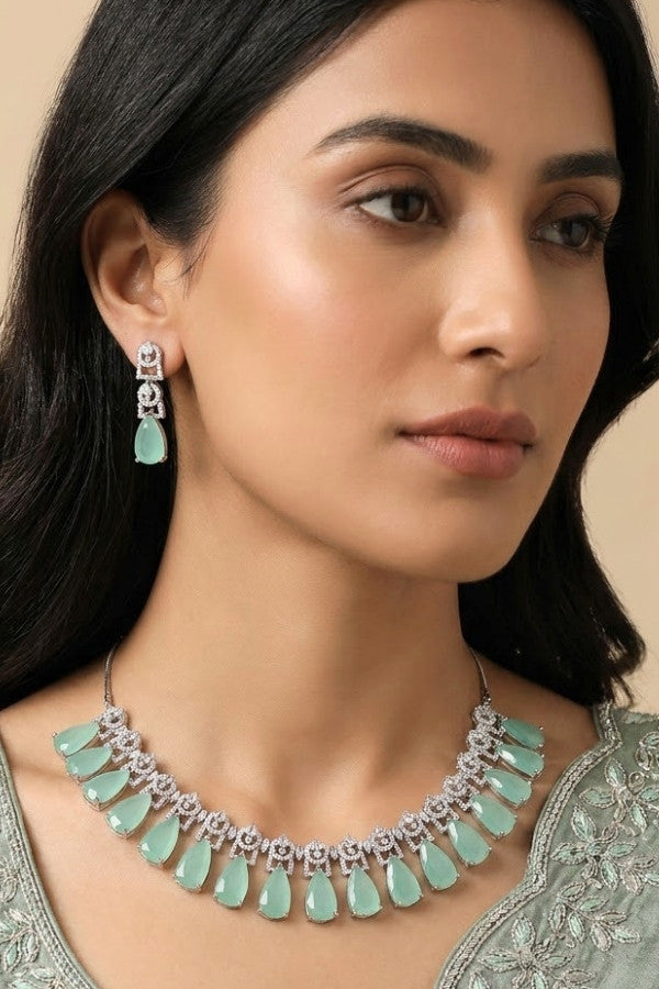 Necklace Set in American Diamonds With Center Pendant And White Colour Stones (NS002-AD-RG)