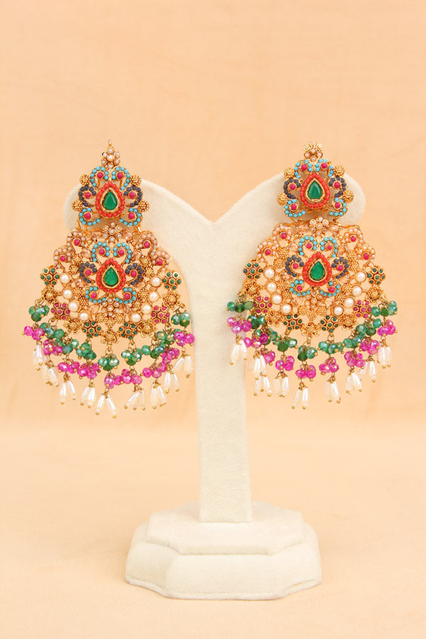 Large Pakistani Statement Earrings In Colours With Green Center Stone (PKE001)