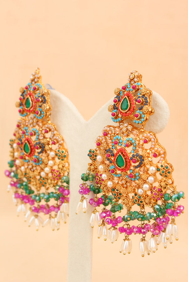Large Pakistani Statement Earrings In Colours With Green Center Stone (PKE001)
