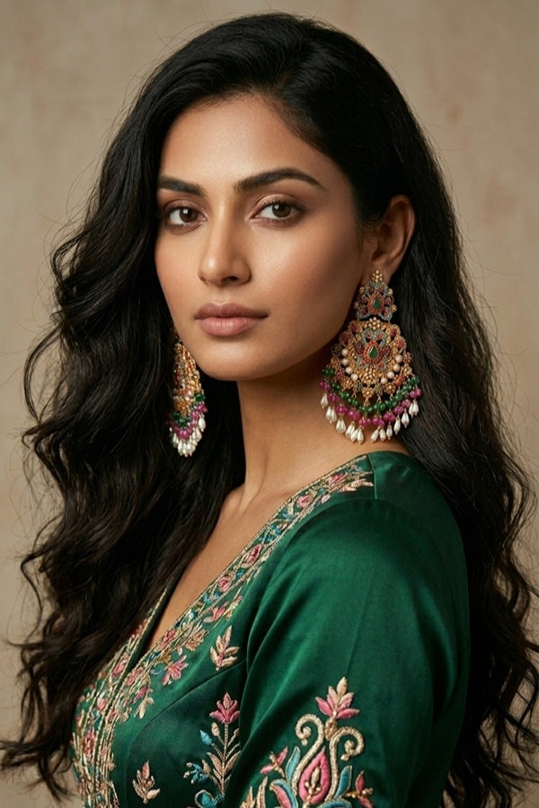 Large Pakistani Statement Earrings In Colours With Green Center Stone (PKE001)