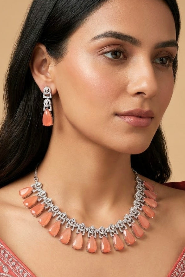 Simple And Exclusive Sleek Necklace With Larger Stones And Long Matching Earrings (NS003-AD-RG)