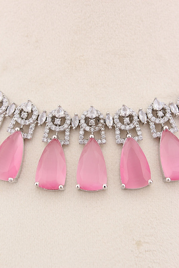 Silver Polish Necklace Set With A Statement Design And Long Matching Earrings (NS004-AD-S)