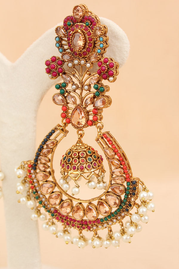 Large Statement Earrings With Flower Design And Gold Colour Stones (PKE003-GO)