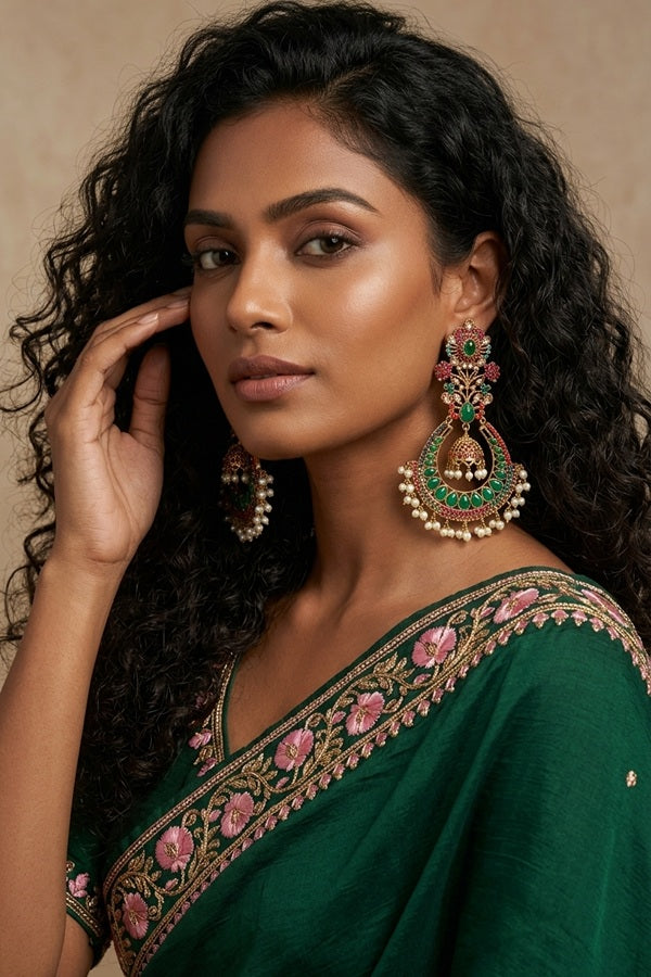 Large Statement Earrings With Flower Design And Green Colour Stones (PKE003-G)