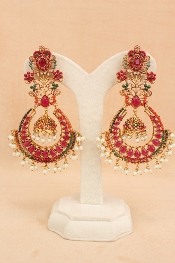 Large Statement Earrings With Flower Design And Red Colour Stones (PKE003-R)