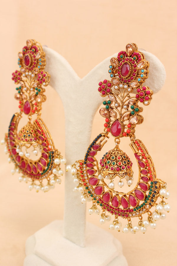 Large Statement Earrings With Flower Design And Red Colour Stones (PKE003-R)