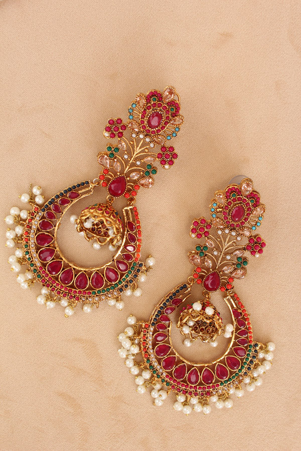 Large Statement Earrings With Flower Design And Red Colour Stones (PKE003-R)