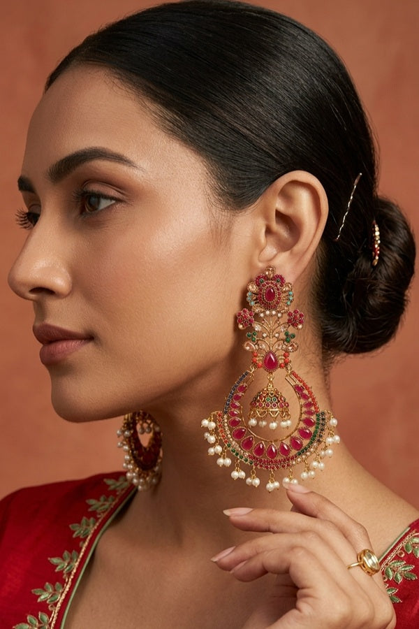 Large Statement Earrings With Flower Design And Red Colour Stones (PKE003-R)