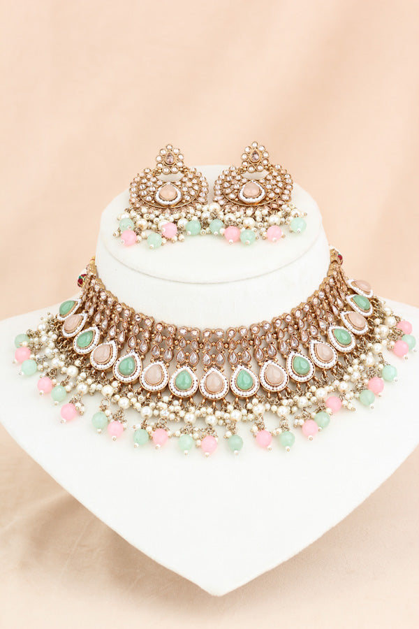 Pink and Light Green Mehndi Polish Choker With Large Earrings And Matha Patti (CS001PLG-Polki-B1)