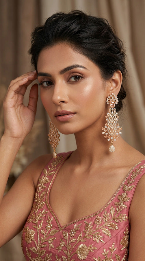Long Fully Filling Earrings With Gold Colur Center Stone In Gold Polish (ADE011-GO)