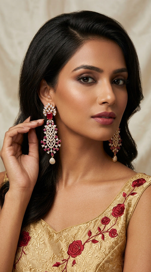 Long Fully Filling Earrings With Ruby Colur Center Stone In Gold Polish (ADE011-RU)