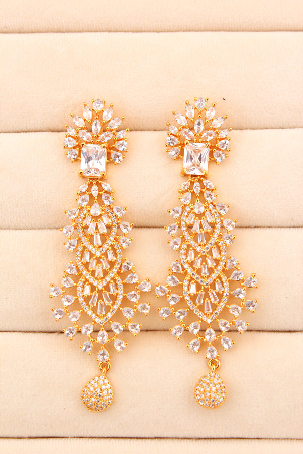 Long Fully Filling Earrings With Silver Colur Center Stone In Gold Polish (ADE011-S)