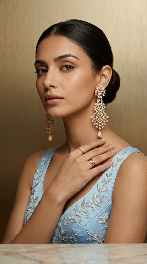Long Fully Filling Earrings With Silver Colur Center Stone In Gold Polish (ADE011-S)