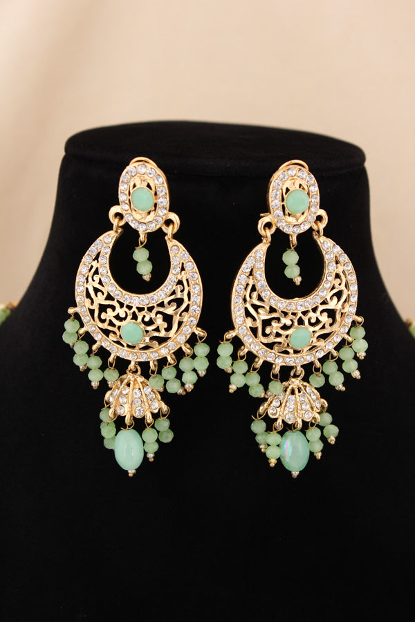 Long Imitation Jadau Necklace Set With Green Colour Beads And Matching Earrings (PJLN006-G)
