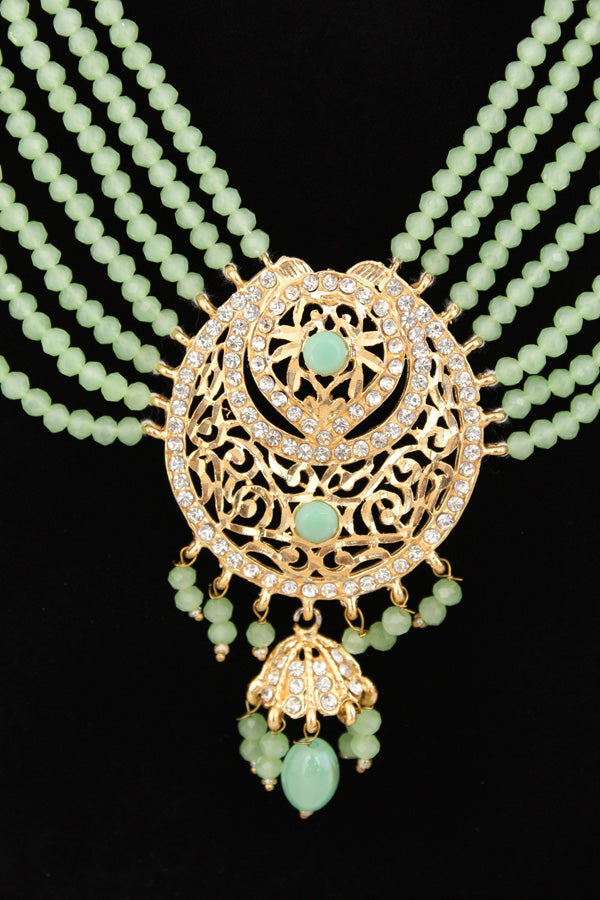 Long Imitation Jadau Necklace Set With Green Colour Beads And Matching Earrings (PJLN006-G)