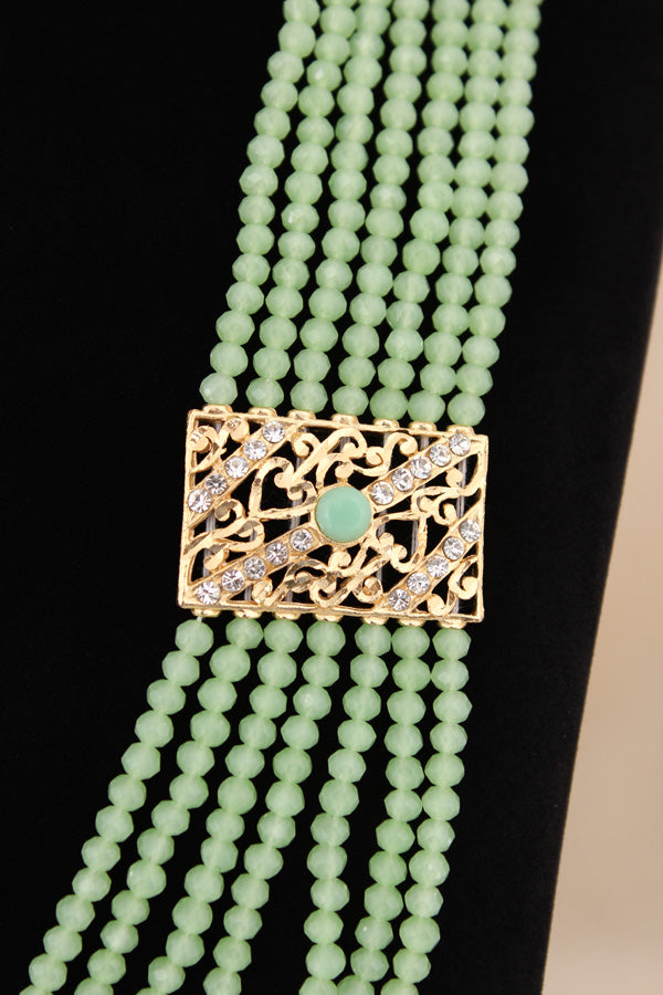 Long Imitation Jadau Necklace Set With Green Colour Beads And Matching Earrings (PJLN006-G)