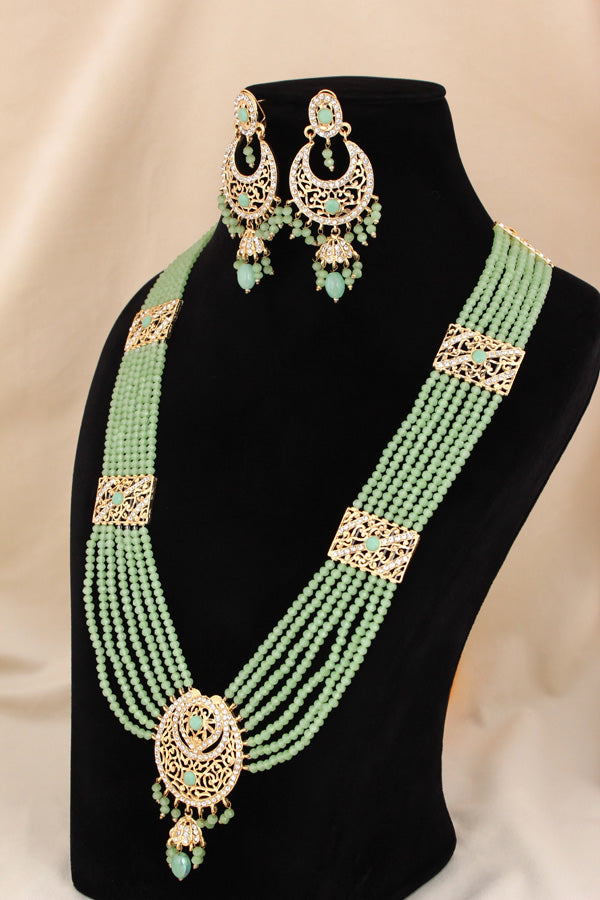 Long Imitation Jadau Necklace Set With Green Colour Beads And Matching Earrings (PJLN006-G)