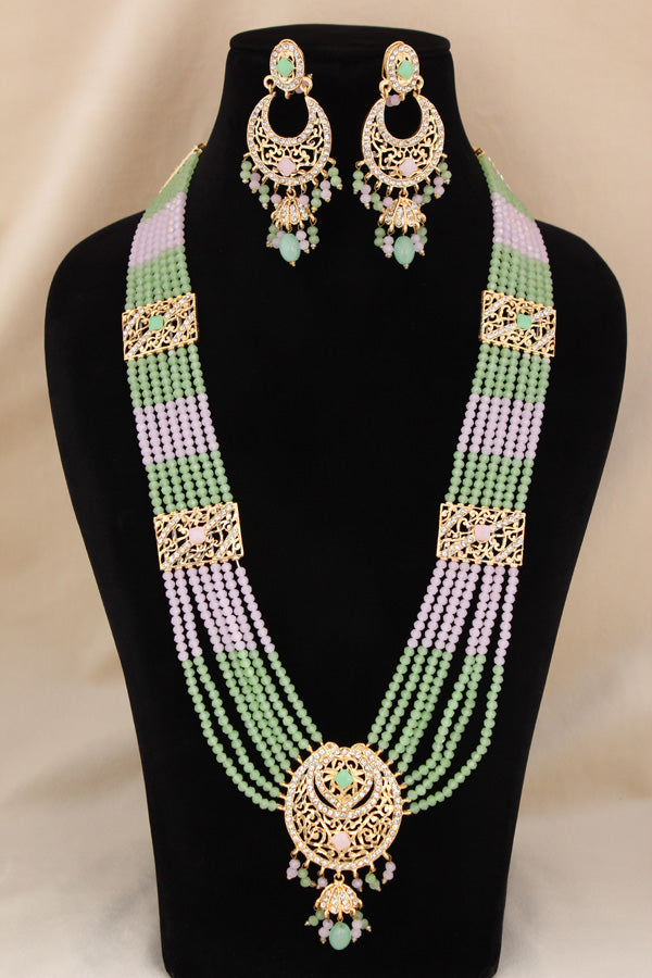 Long Imitation Jadau Necklace Set With Pink Colour Beads And Matching Earrings (PJLN006-P)
