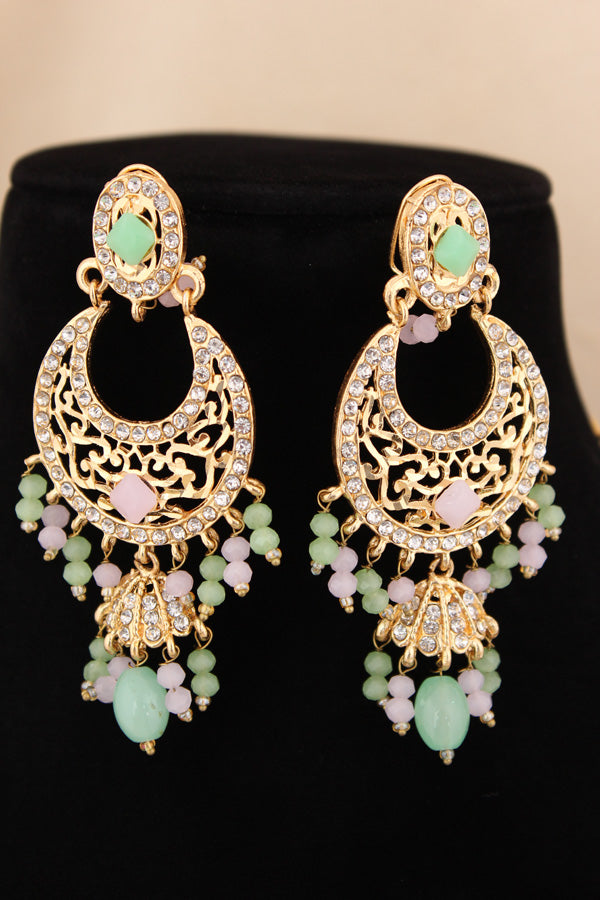 Long Imitation Jadau Necklace Set With Pink Colour Beads And Matching Earrings (PJLN006-P)