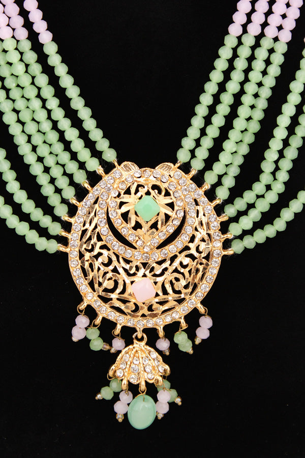 Long Imitation Jadau Necklace Set With Pink Colour Beads And Matching Earrings (PJLN006-P)