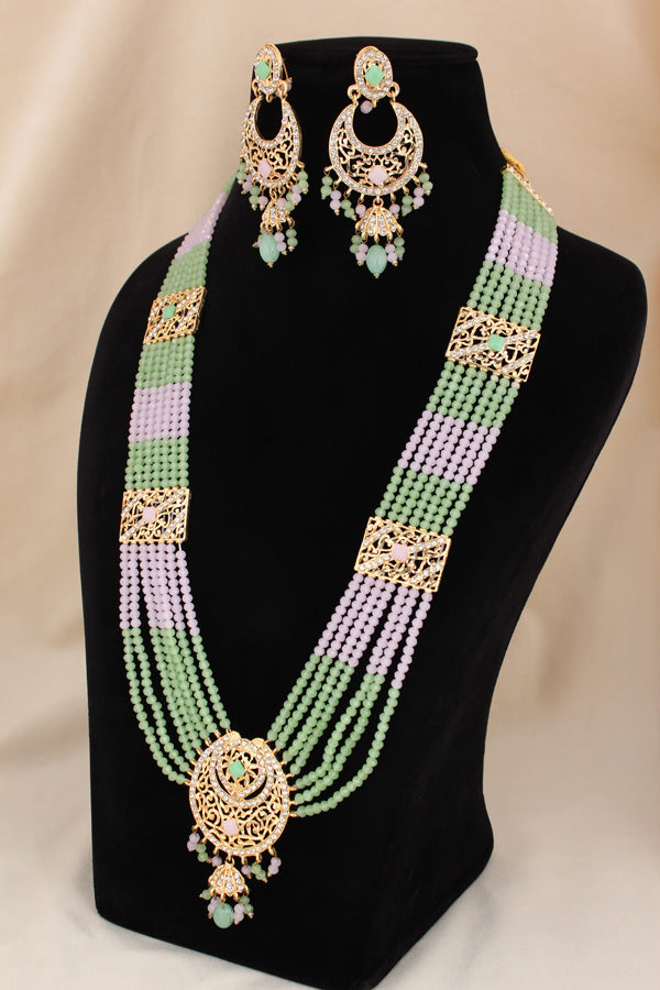 Long Imitation Jadau Necklace Set With Pink Colour Beads And Matching Earrings (PJLN006-P)