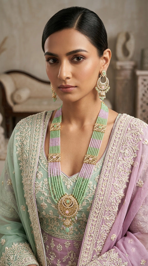 Long Imitation Jadau Necklace Set With Pink Colour Beads And Matching Earrings (PJLN006-P)
