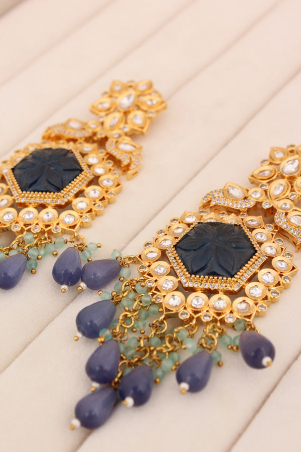 Long Kundan Earrings With American Diamonds And Blue Pearls (EK001B-Kundan)