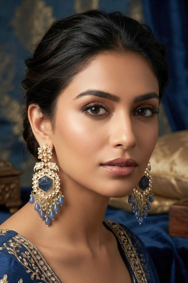 Long Kundan Earrings With American Diamonds And Blue Pearls (EK001B-Kundan)