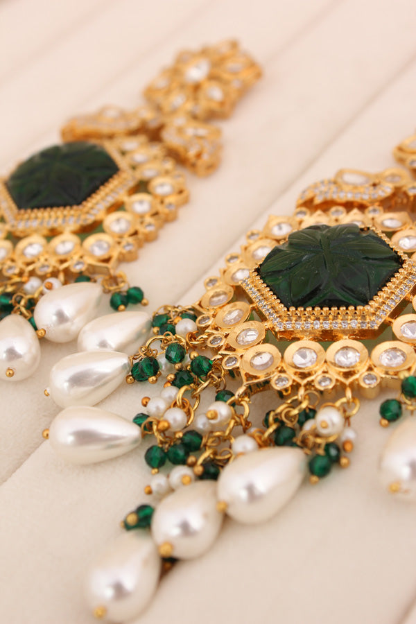 Long Kundan Earrings With American Diamonds And White Pearls (EK001G-Kundan)